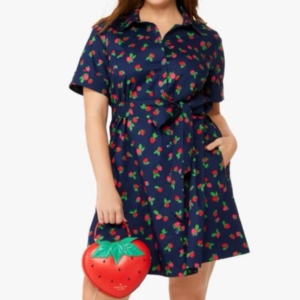 Kate Spade Size Large Navy Blue Tossed Strawberry Belted Shirt Dress